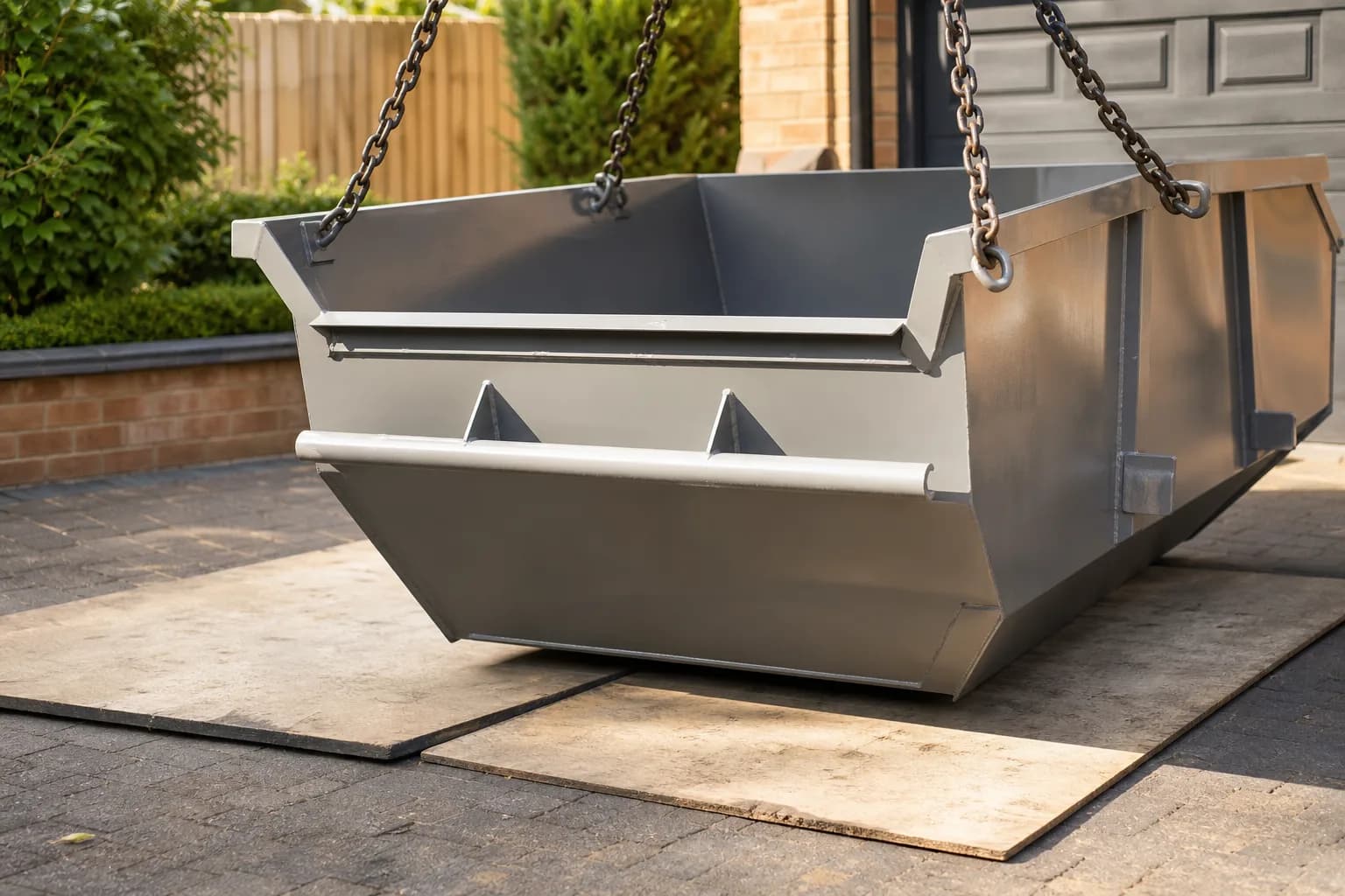 An empty steel skip being carefully positioned on protective boards on a driveway