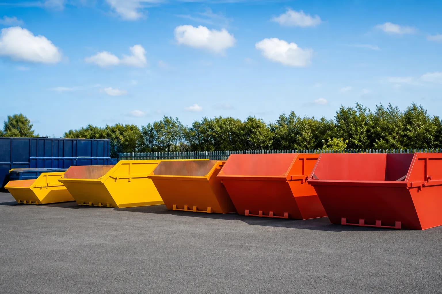 Clean steel skips of different sizes lined up at the UK Skip Hire depot